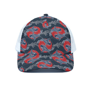 Japanese Koi Carp Fish Pattern Print White Mesh Trucker Cap