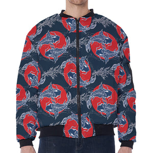 Japanese Koi Carp Fish Pattern Print Zip Sleeve Bomber Jacket