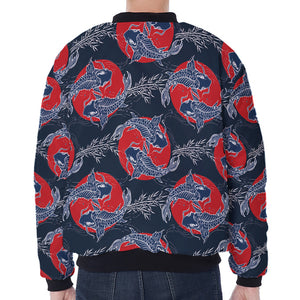 Japanese Koi Carp Fish Pattern Print Zip Sleeve Bomber Jacket