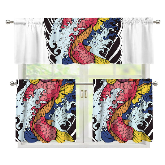 Japanese Koi Carp Tattoo Print 3 Piece Kitchen Curtains