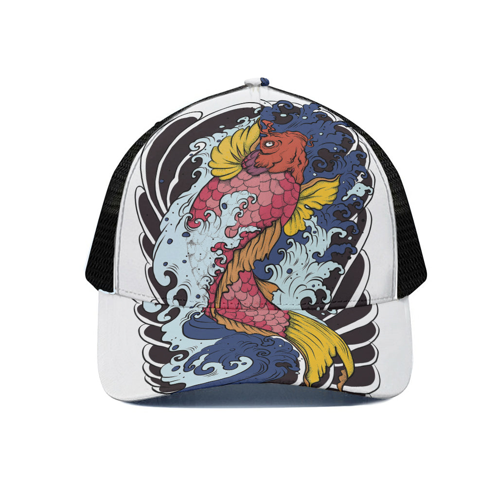 Japanese Koi Carp Tattoo Print Black Mesh Trucker Cap