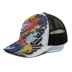 Japanese Koi Carp Tattoo Print Black Mesh Trucker Cap