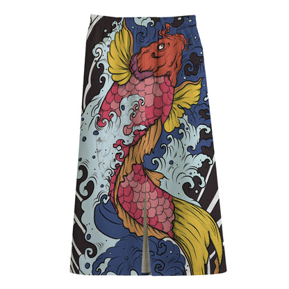 Japanese Koi Carp Tattoo Print Cotton Front Slit Maxi Skirt