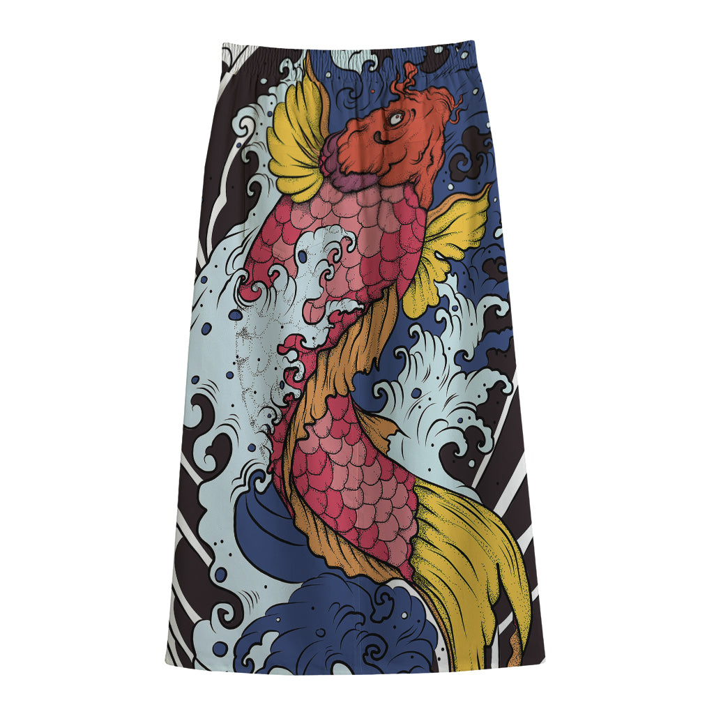 Japanese Koi Carp Tattoo Print Cotton Front Slit Maxi Skirt