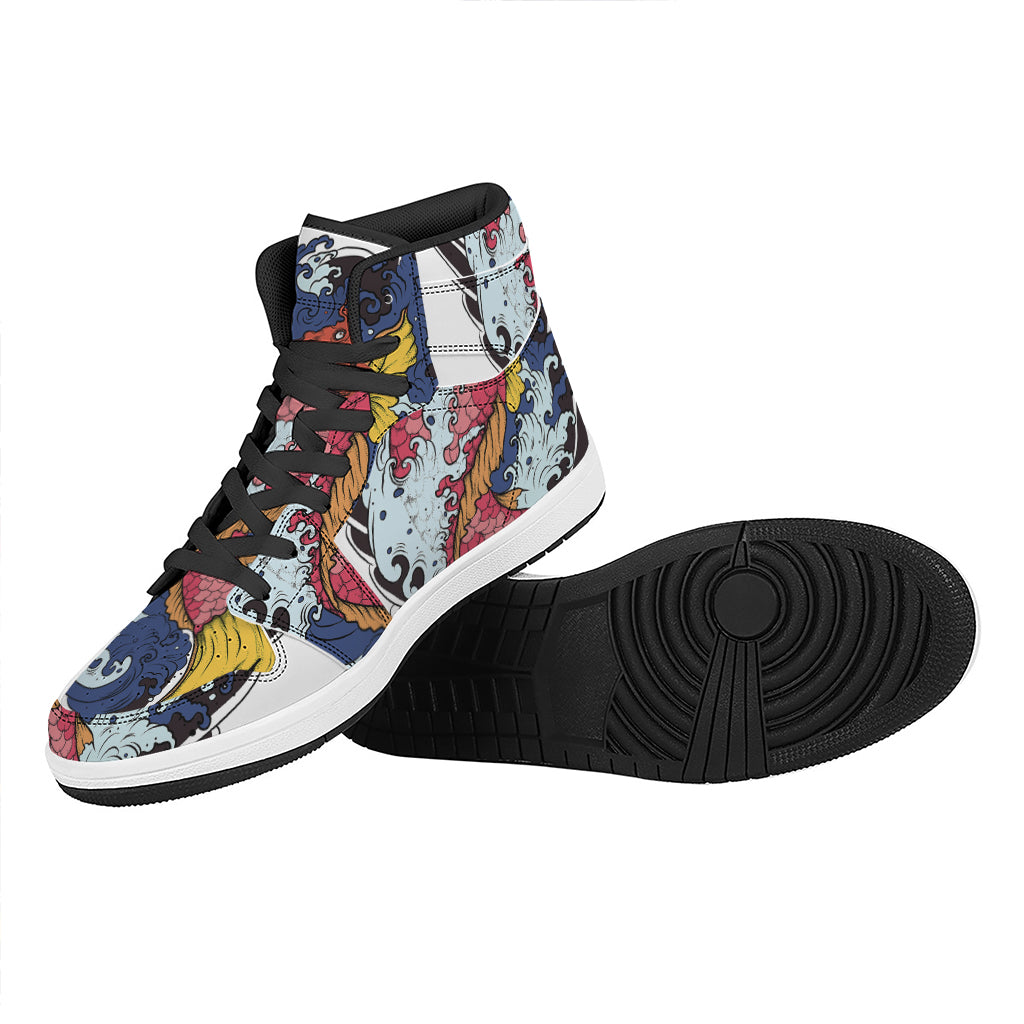 Japanese Koi Carp Tattoo Print High Top Leather Sneakers