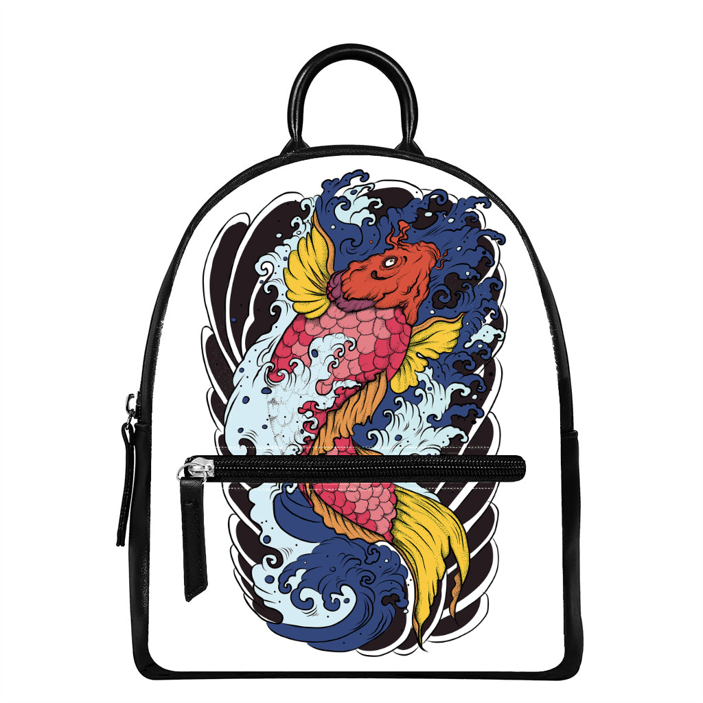 Japanese Koi Carp Tattoo Print Leather Backpack