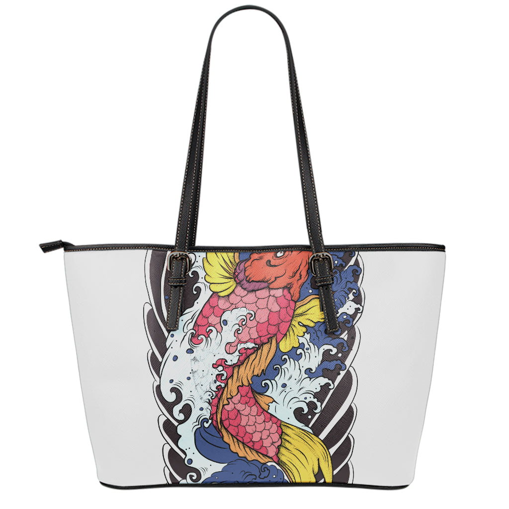 Japanese Koi Carp Tattoo Print Leather Tote Bag