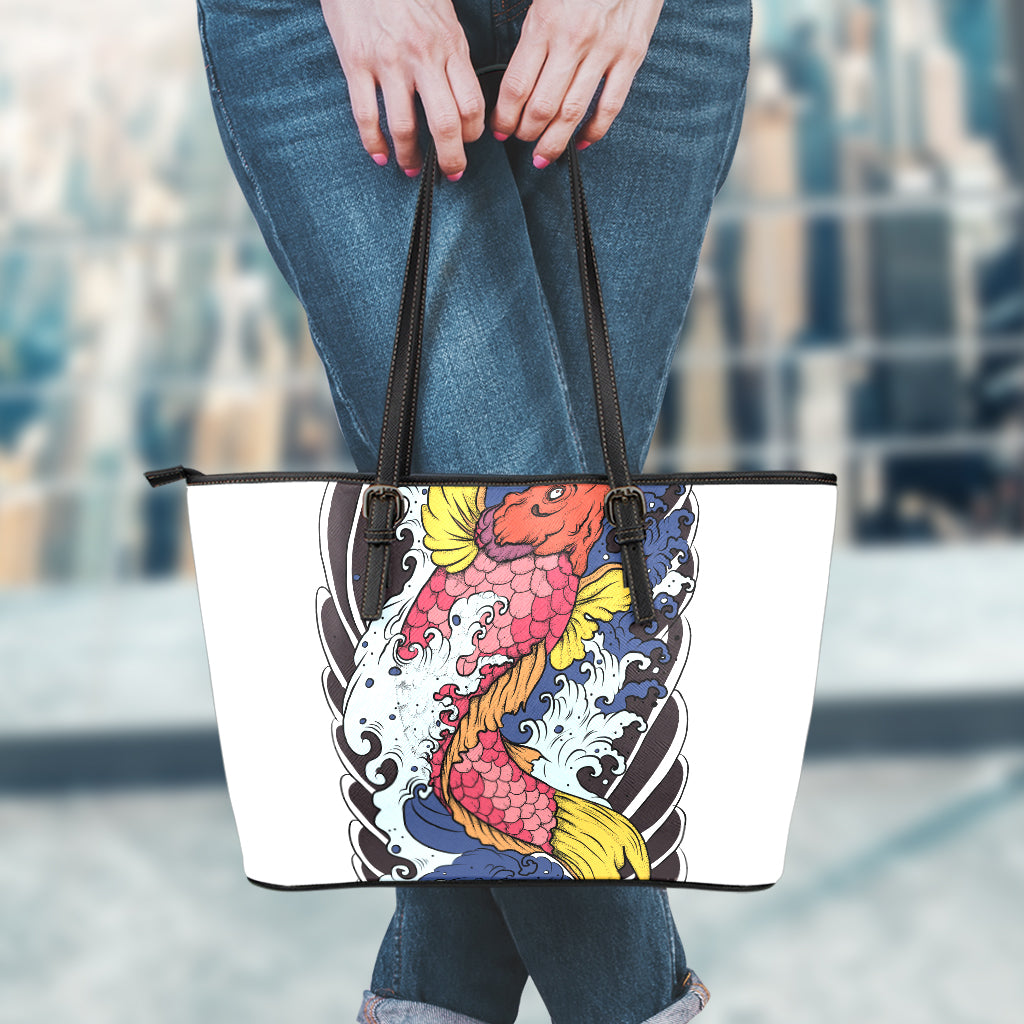 Japanese Koi Carp Tattoo Print Leather Tote Bag