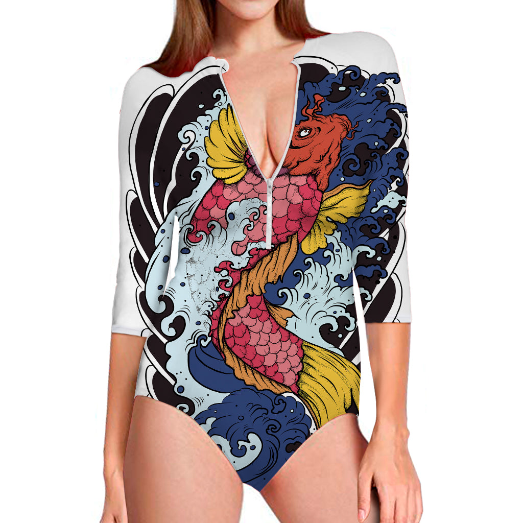 Japanese Koi Carp Tattoo Print Long Sleeve Swimsuit