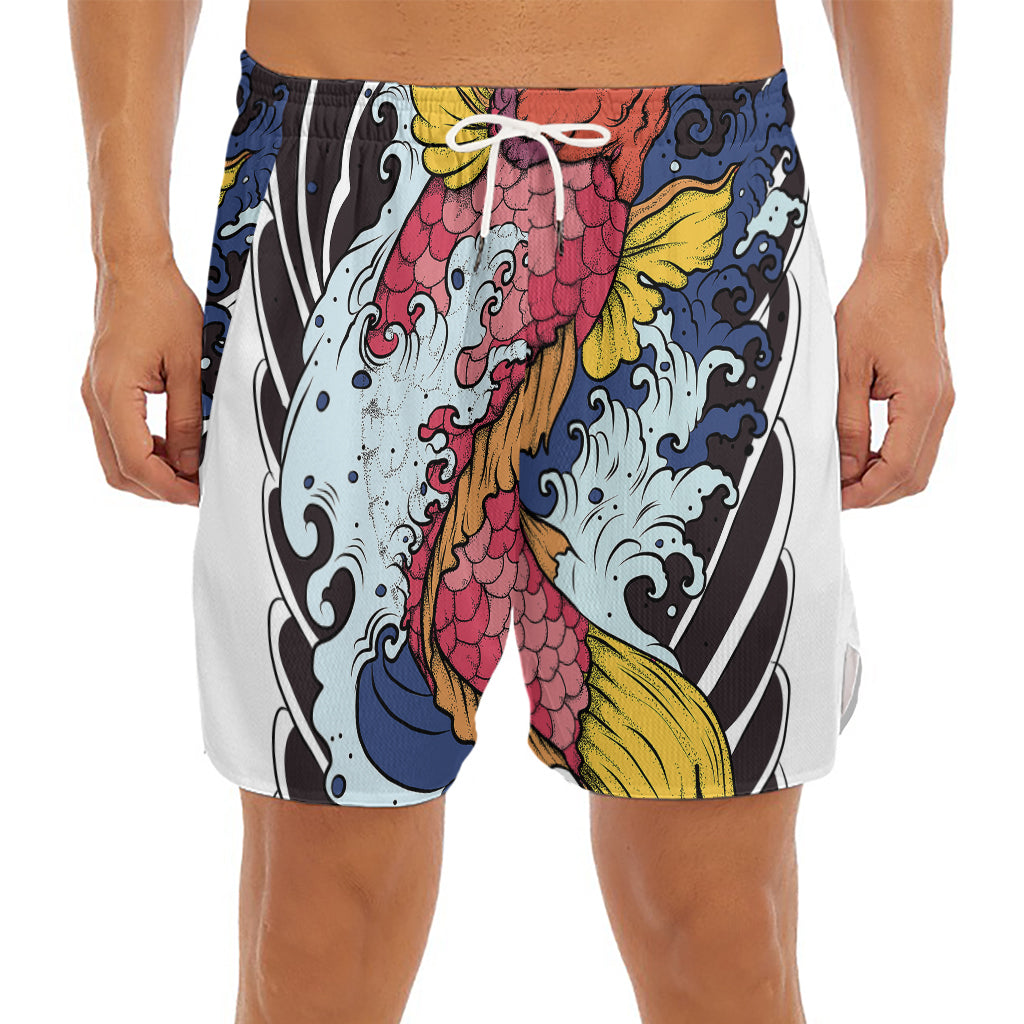 Japanese Koi Carp Tattoo Print Men's Split Running Shorts