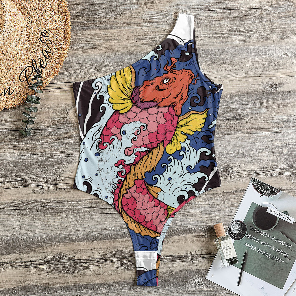 Japanese Koi Carp Tattoo Print One Shoulder Bodysuit