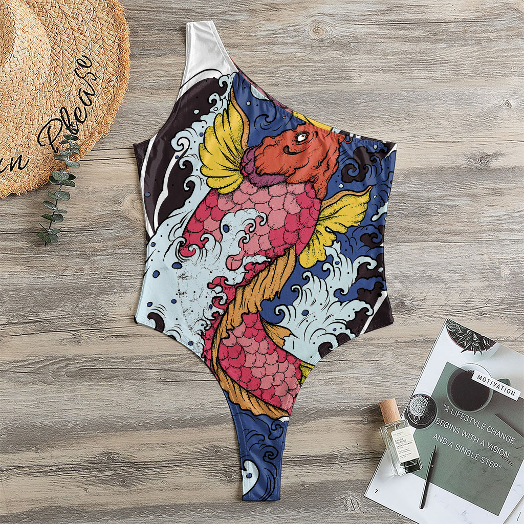 Japanese Koi Carp Tattoo Print One Shoulder Bodysuit