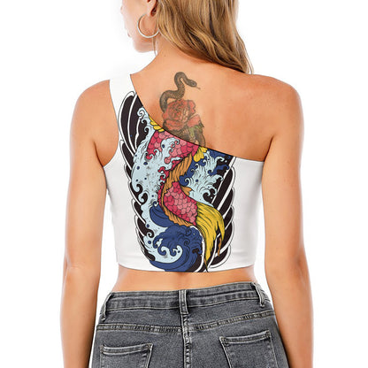 Japanese Koi Carp Tattoo Print One Shoulder Crop Top