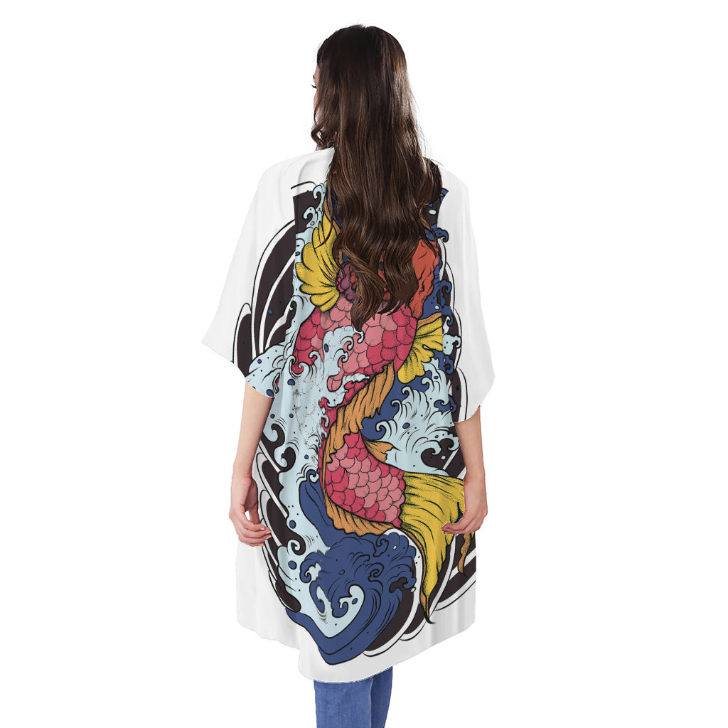 Japanese Koi Carp Tattoo Print Open Front Beach Cover Up