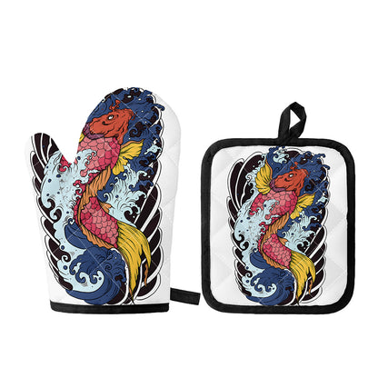 Japanese Koi Carp Tattoo Print Oven Mitt And Pot Holder Set