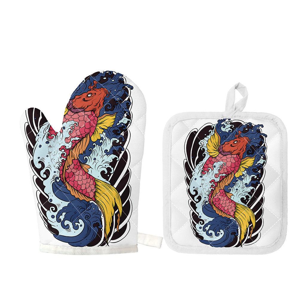 Japanese Koi Carp Tattoo Print Oven Mitt And Pot Holder Set