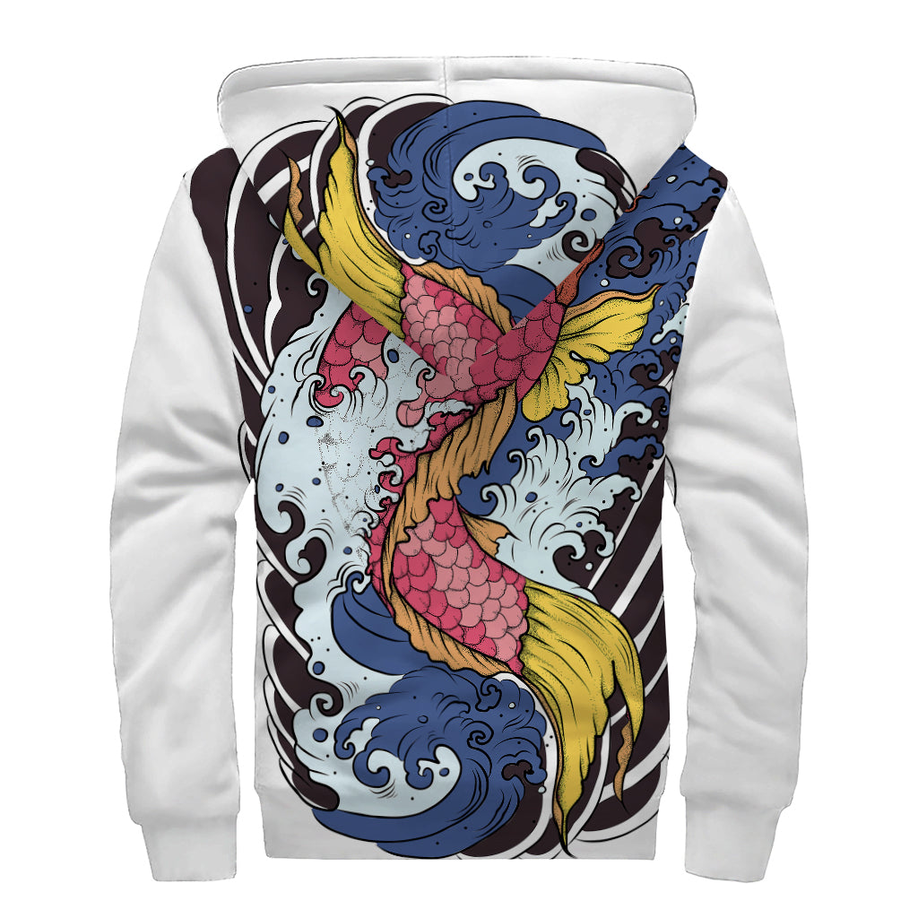 Japanese Koi Carp Tattoo Print Sherpa Lined Zip Up Hoodie