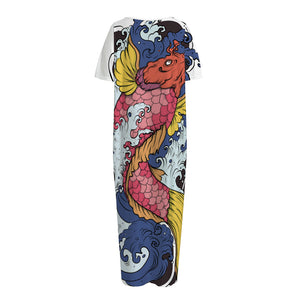 Japanese Koi Carp Tattoo Print Short Sleeve Long Nightdress