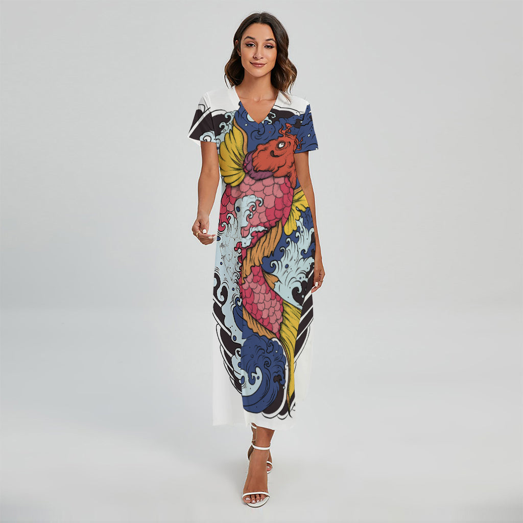 Japanese Koi Carp Tattoo Print Short Sleeve Maxi Dress