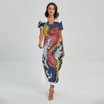 Japanese Koi Carp Tattoo Print Short Sleeve Maxi Dress
