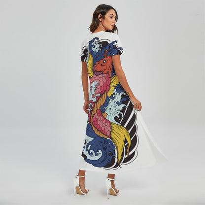 Japanese Koi Carp Tattoo Print Short Sleeve Maxi Dress