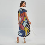 Japanese Koi Carp Tattoo Print Short Sleeve Maxi Dress