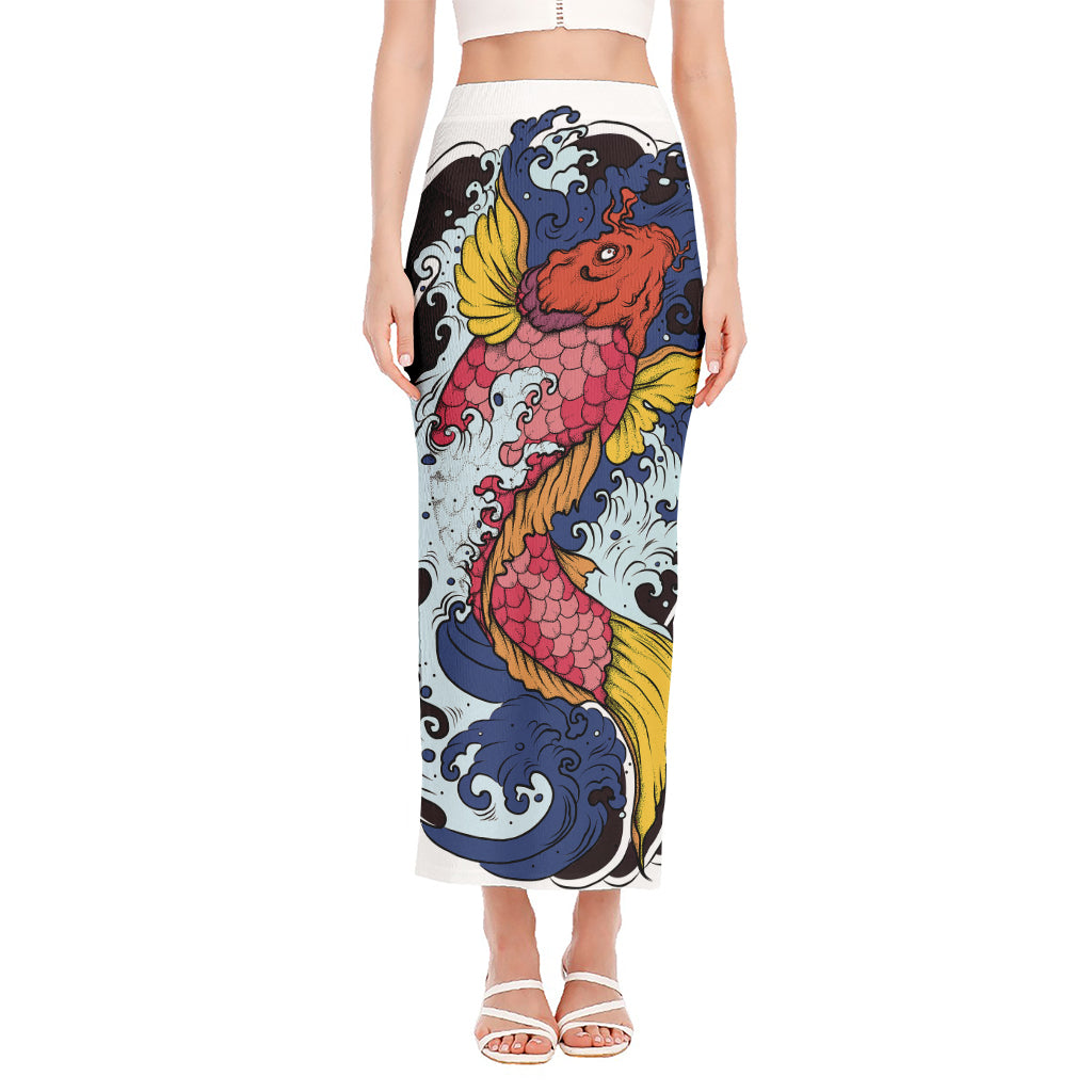 Japanese Koi Carp Tattoo Print Side Slit Maxi Skirt
