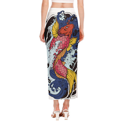 Japanese Koi Carp Tattoo Print Side Slit Maxi Skirt