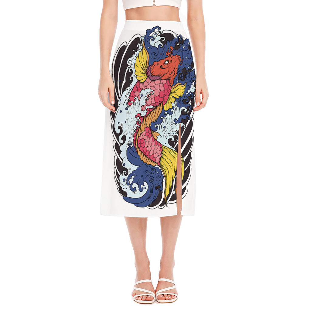 Japanese Koi Carp Tattoo Print Side Slit Midi Skirt