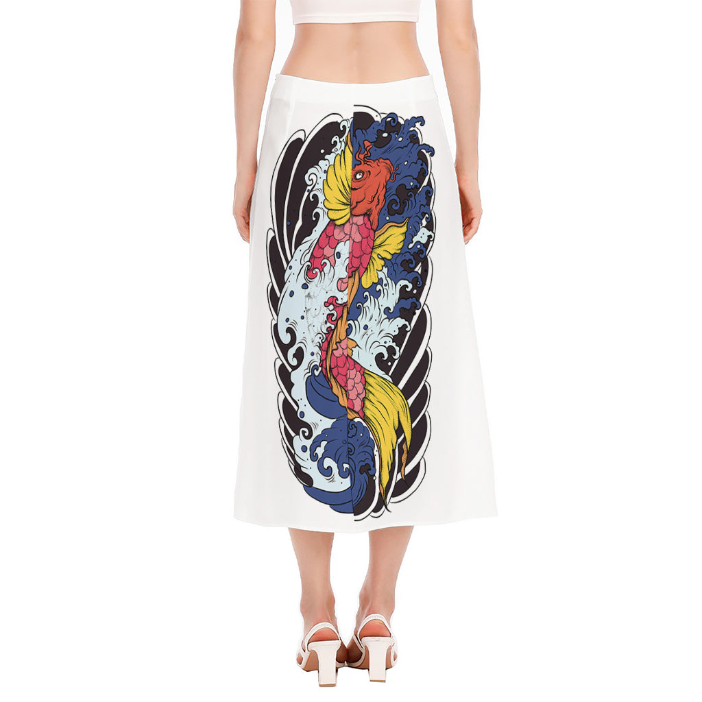Japanese Koi Carp Tattoo Print Side Slit Midi Skirt