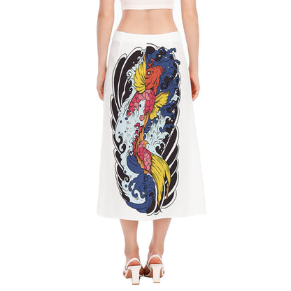Japanese Koi Carp Tattoo Print Side Slit Midi Skirt