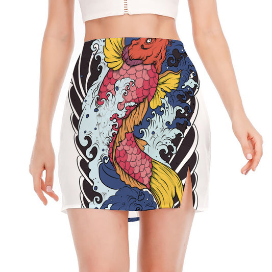 Japanese Koi Carp Tattoo Print Side Slit Mini Skirt