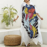 Japanese Koi Carp Tattoo Print Silk V-Neck Kaftan Dress