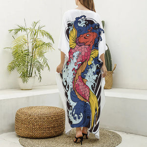 Japanese Koi Carp Tattoo Print Silk V-Neck Kaftan Dress