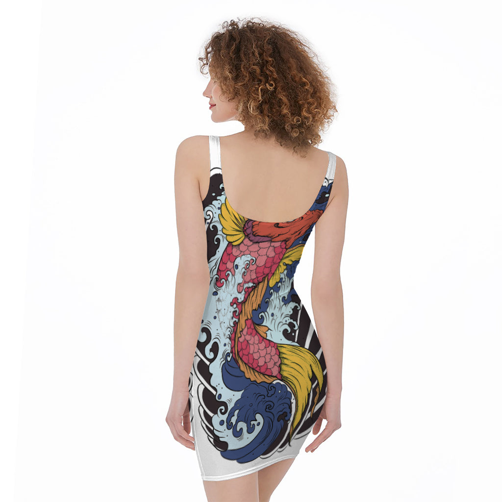 Japanese Koi Carp Tattoo Print Sleeveless Bodycon Dress