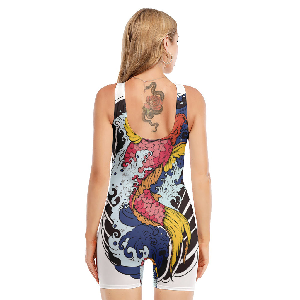 Japanese Koi Carp Tattoo Print Sleeveless One Piece Swimsuit