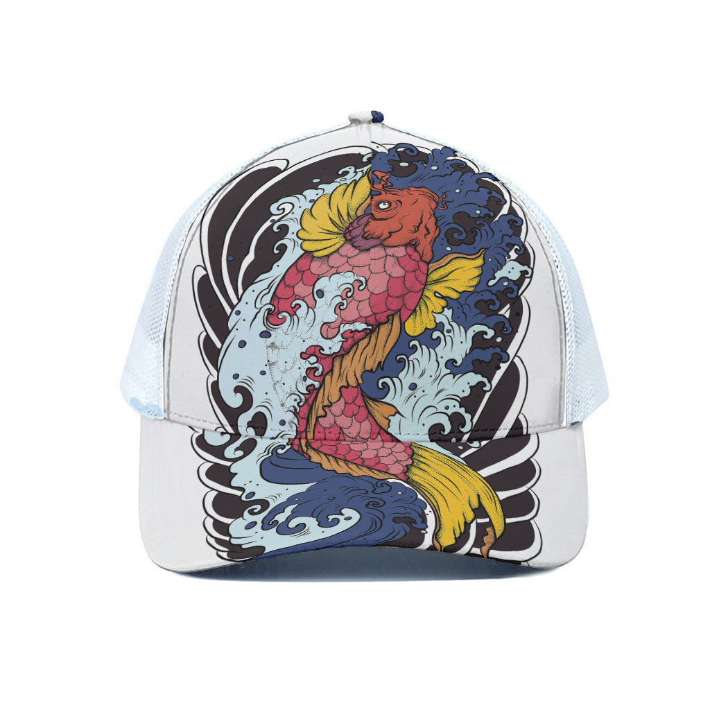 Japanese Koi Carp Tattoo Print White Mesh Trucker Cap