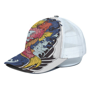 Japanese Koi Carp Tattoo Print White Mesh Trucker Cap