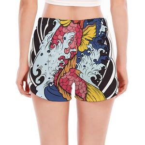 Japanese Koi Carp Tattoo Print Women's Split Running Shorts