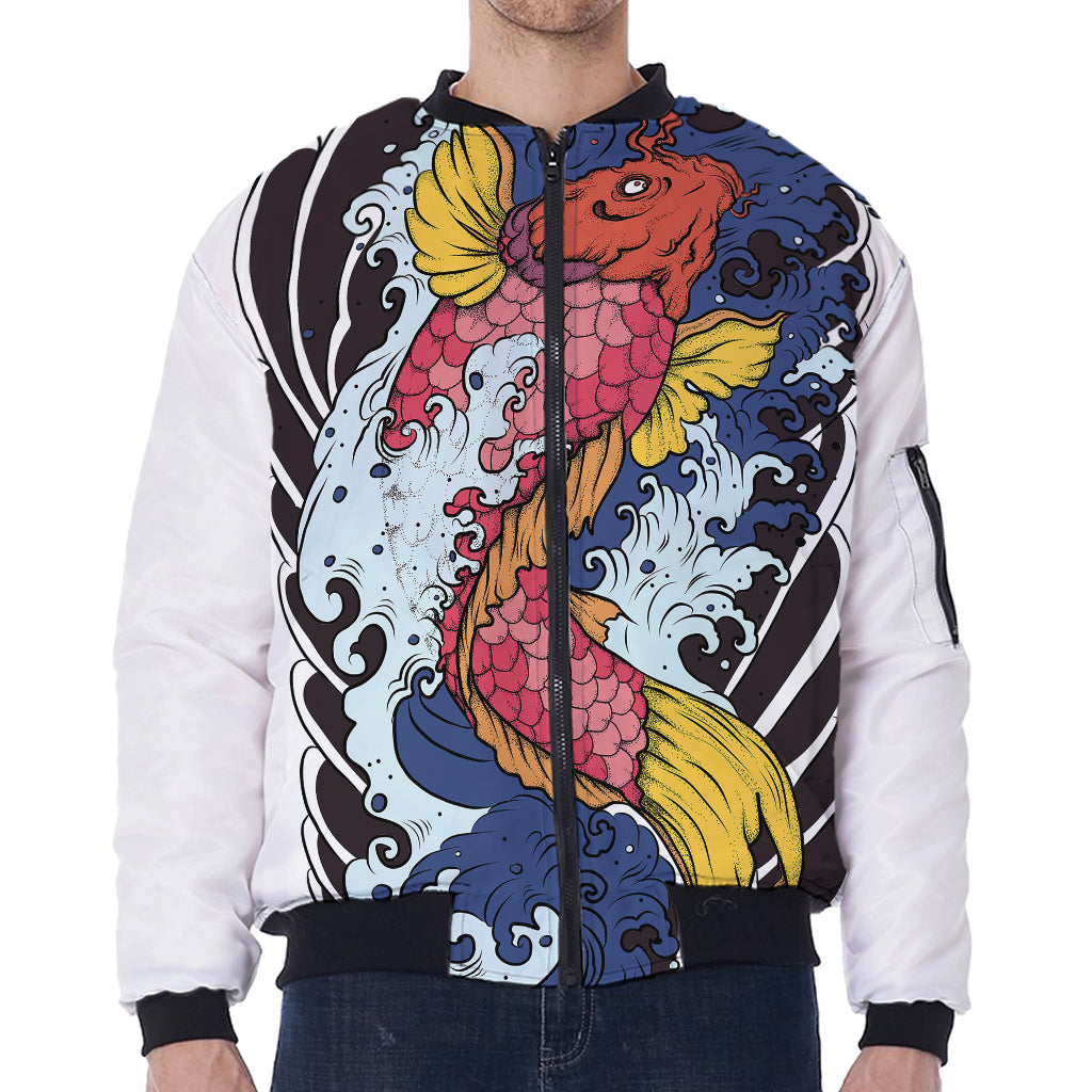 Japanese Koi Carp Tattoo Print Zip Sleeve Bomber Jacket