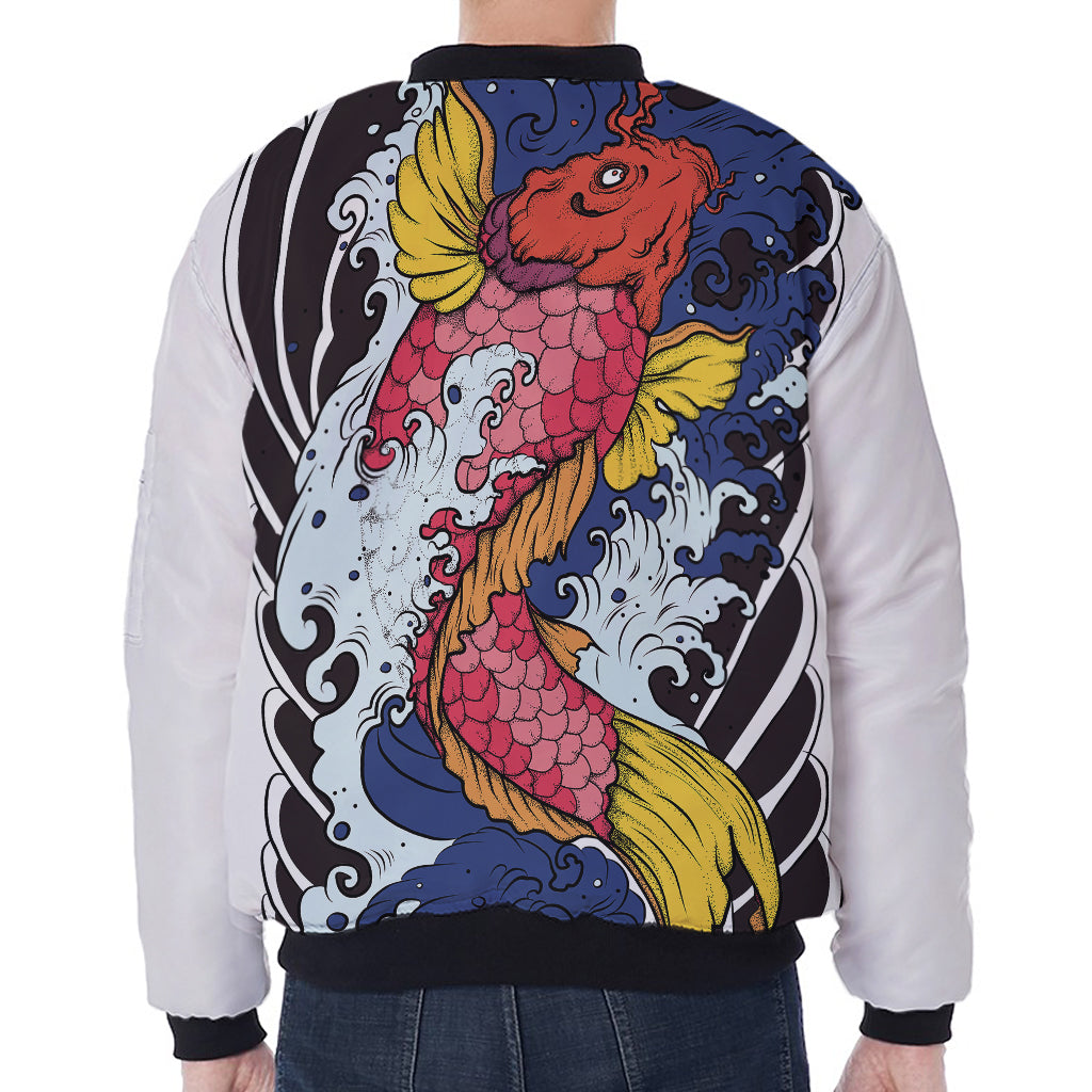 Japanese Koi Carp Tattoo Print Zip Sleeve Bomber Jacket