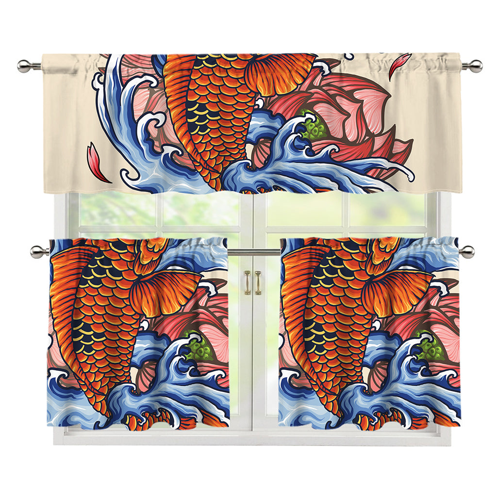 Japanese Koi Fish Tattoo Print 3 Piece Kitchen Curtains