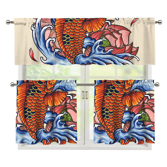 Japanese Koi Fish Tattoo Print 3 Piece Kitchen Curtains