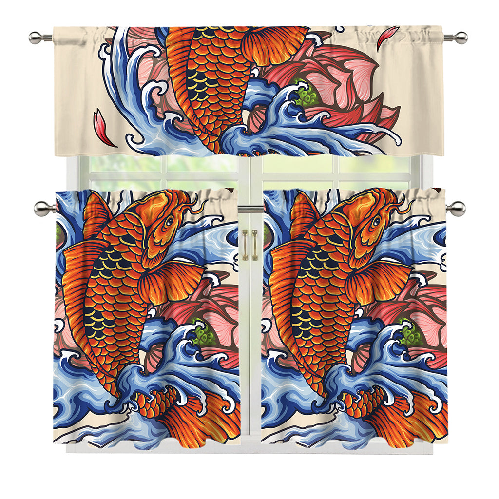 Japanese Koi Fish Tattoo Print 3 Piece Kitchen Curtains