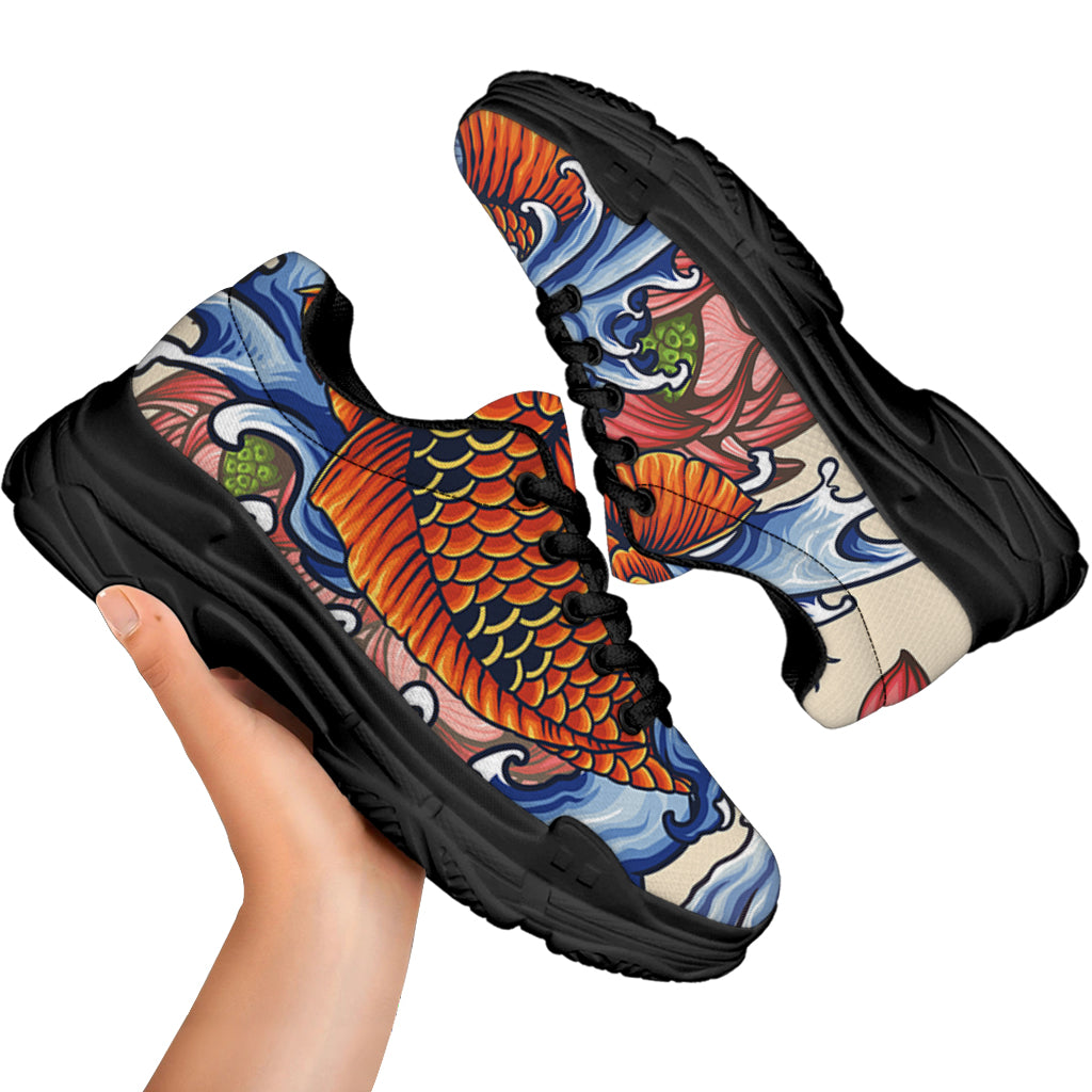 Japanese Koi Fish Tattoo Print Black Chunky Shoes