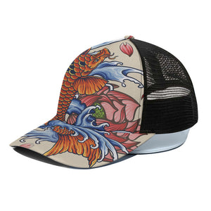 Japanese Koi Fish Tattoo Print Black Mesh Trucker Cap