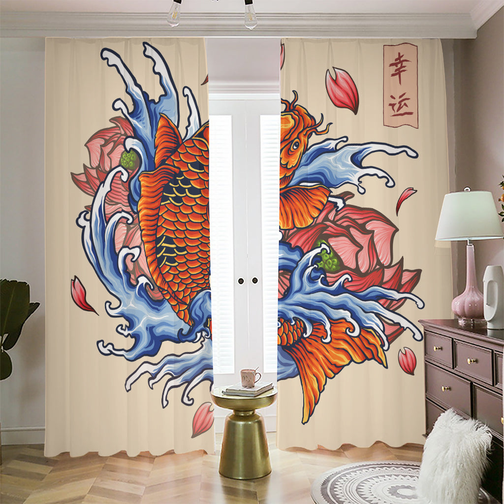 Japanese Koi Fish Tattoo Print Blackout Pencil Pleat Curtains