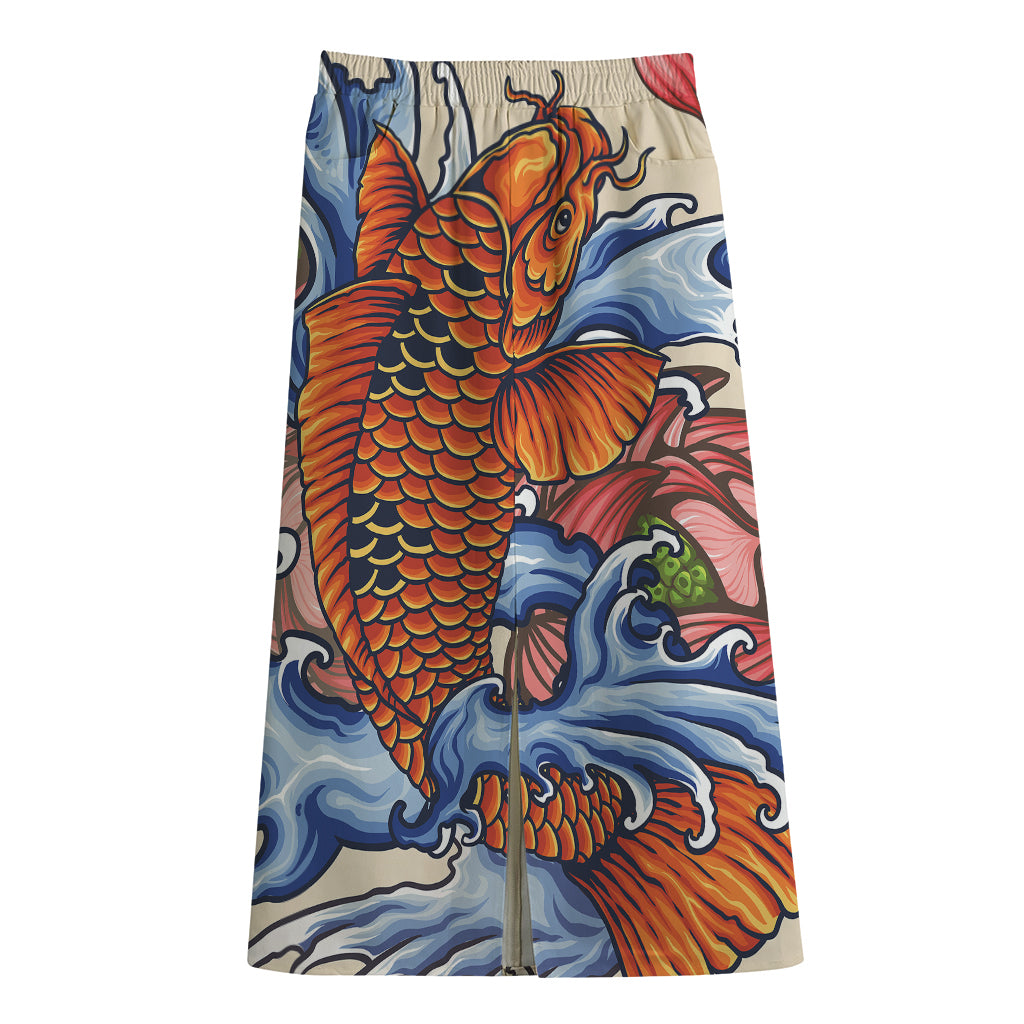 Japanese Koi Fish Tattoo Print Cotton Front Slit Maxi Skirt