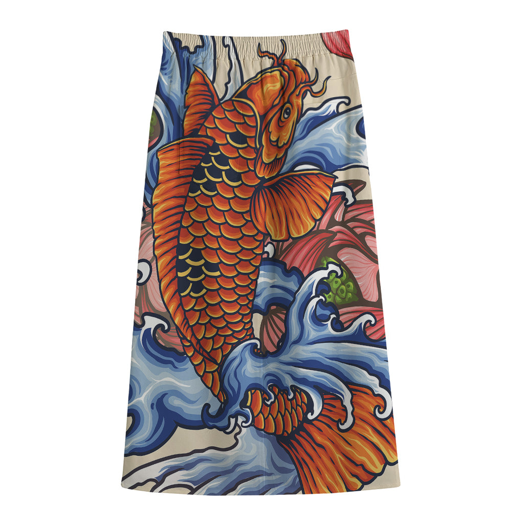 Japanese Koi Fish Tattoo Print Cotton Front Slit Maxi Skirt