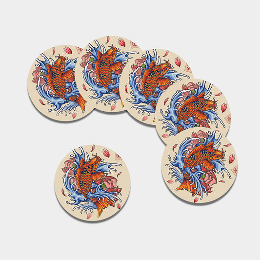 Japanese Koi Fish Tattoo Print Leather Coaster Set